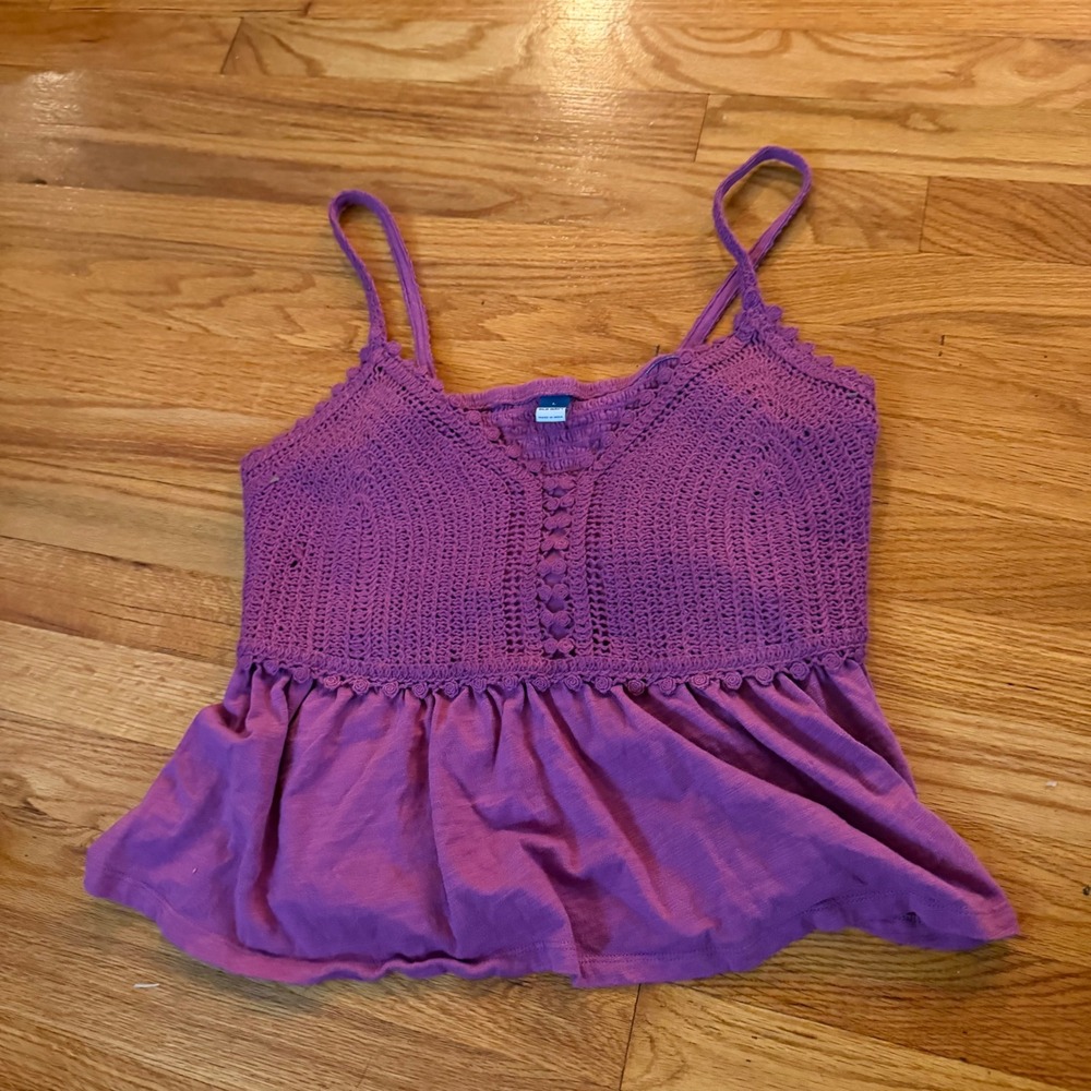 Old Navy Crochet Peplum Cami Top Size L Purple Boho Smocked Back Tank
